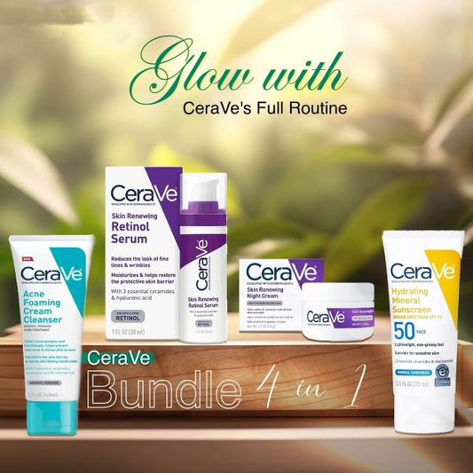 CeraVe 4-in-1 Skincare Bundle: Night Cream, Sunblock, Cleanser & Serum.